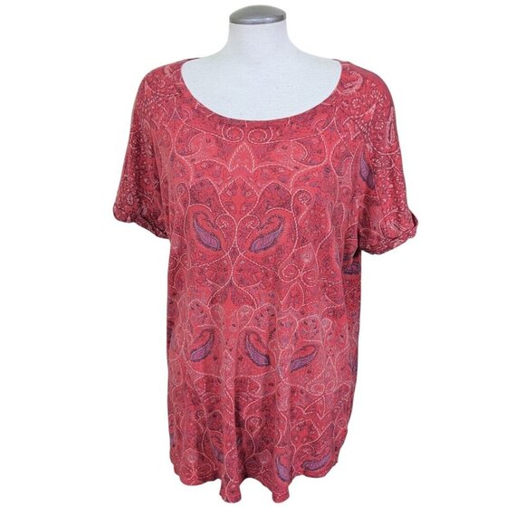 Lucky Brand T Shirt Womens Plus 3X Orange Paisley Split Back Tee Short Sleeve - Picture 1 of 8
